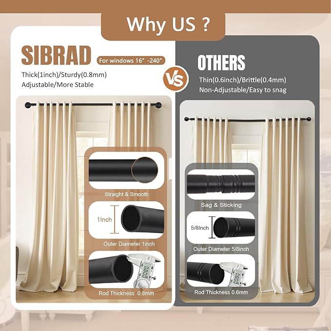 SIBRAD Seamless Wrap Around Curtain Rods 16 to 32 Inch, 1 Inch Heavy Duty Blackout Drapery Pole, Smooth Gliding No-Snag Spliced Connection, Indoor/Outdoor Room Divider, Industrial Black