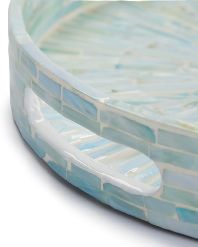 PEMAR 12.6” Mother of Pearl Round Serving Tray with Handles, Decorative Nacred Wooden Ottoman Coffee Table Tray (Teal Sunlight)