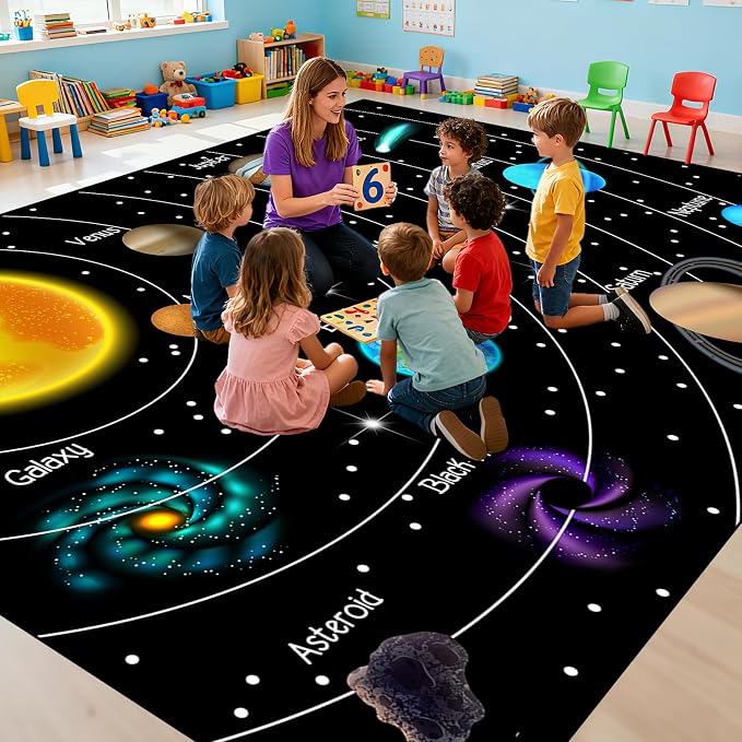Outer Space Rug for Bedroom - 8x10 Feet Space Rug for Boys Room Cartoon Solar System Planet Theme Carpet Decor for Kids Playroom Classroom Decor