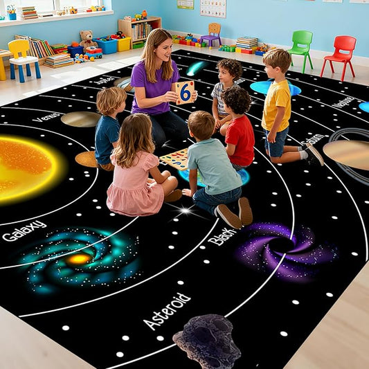 Space Rug for Boys Room - 9x12 Feet Space Rug Solar System Planet Theme Carpet Decor for Playroom Educational Learning for Classroom Deco