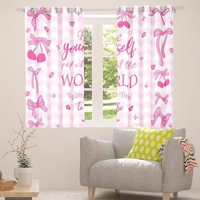 Erosebridal Cute Cherry Bow Window Curtain 42" Wx84 L,Pink Bow Kids Curtain Ribbon Bowknot Window Treatments for Girls Teen Women,Pink White Plaid Flower Stars Curtains & Drapes