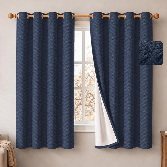 2 Panels 100% Blackout Linen-Textured Curtains, Thick Thermal Insulated Grommet Drapes with Subtle Herringbone Weave, Luxury Decor for Bedroom/Living Room, 54 x 54 Inches, Navy