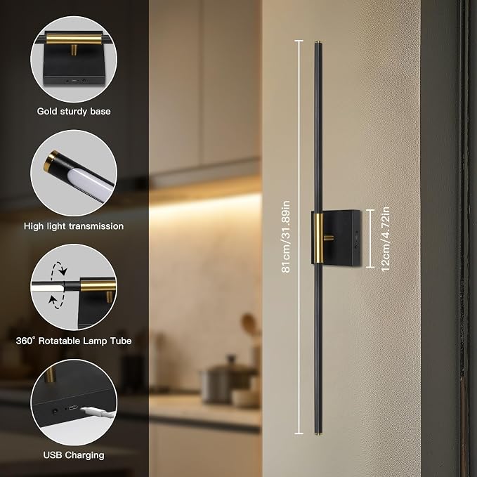 Battery Operated Wall Sconces Set of Two 360° Rotate Wireless Rechargeable Light Dimmable with Remote - Black Gold Modern Sconces Cordless Magnetic Wall Decor for Home Bedroom Timer 31.5 in