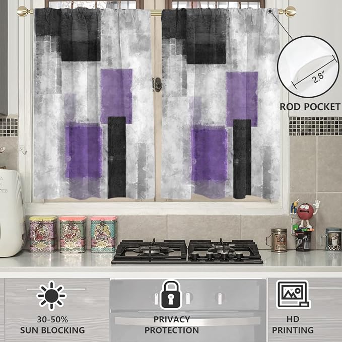AAtter Purple Window Curtains for Kitchen Lavender Modern Abstract Plum Ombre Small Short Home Living Room Bedroom Bathroom Rod Pocket Drapes Treatment Tiers Fabric 1 Pair, 27.5" W x 45" L, Geometric