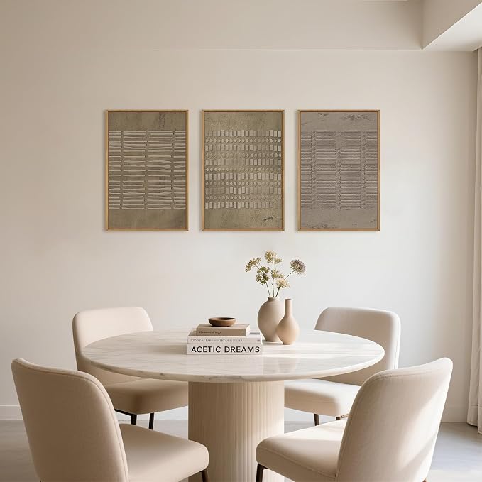 Large Abstract Brown Beige Framed Canvas Wall Art,Modern Lines Dots Wall Decor,Boho Neutral Minimalist Artwork,Mid Century Geometric Art Print for Living Room,Bedroom,Office- 16"x24"x3