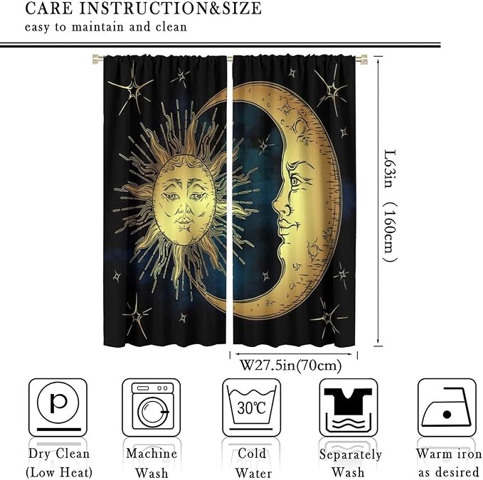 Sun Moon Blackout Windows Curtains, Boho Chic Art Golden Sun Moon and Stars Over Blue Black Sky Antique Style Curtains, for Living Room Bedroom 55x63in 2 Panels