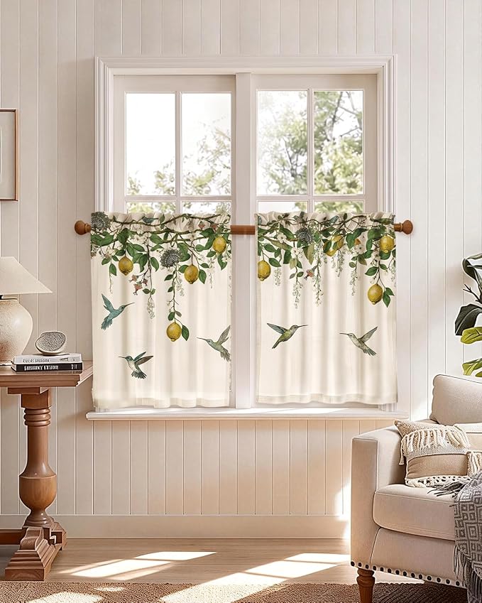 Miss Adola Farmhouse Kitchen Tier Curtains - 30 Inch Length Linen Blend Vintage Cafe Curtains Lemon Bird Small Window Treatments Over Sink Rod Pocket for Bathroom Living Room Light Filtering, 2 Panels