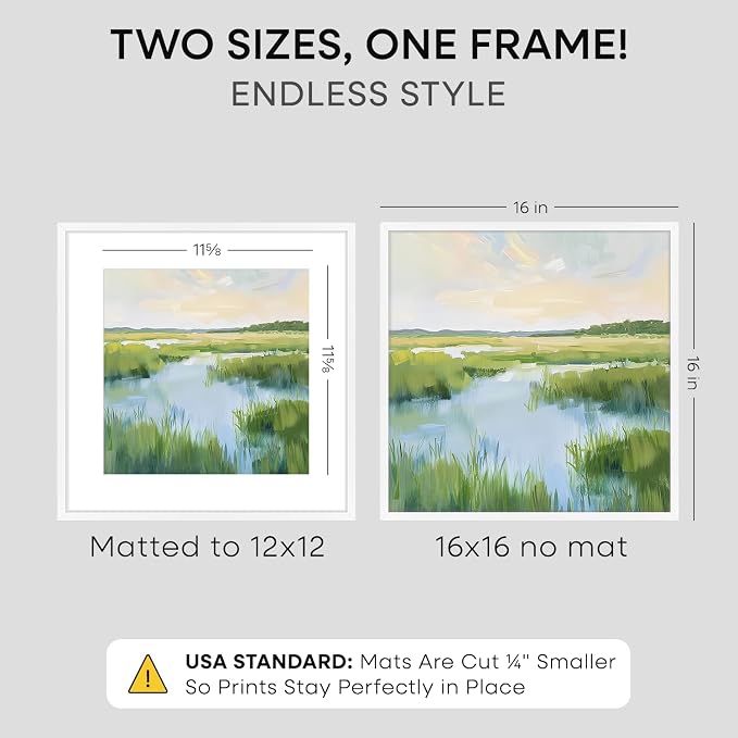 Homeforia 16x16 Picture Frame White, High End Metal 16x16 Square Poster Frame Matted to 12x12 Print, 16 x 16 White Frames with Mat 12 x 12 Photo, 16by16 Thin Frames, Tempered Glass, Wall Kit, Set of 2