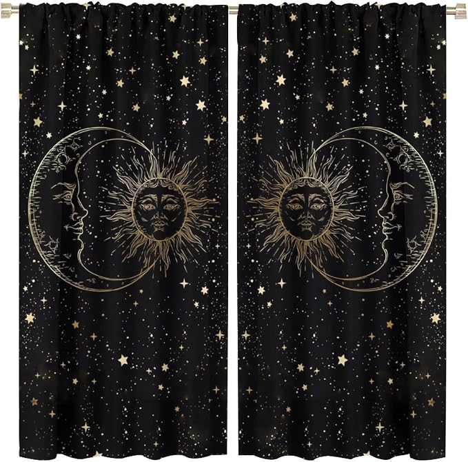 Sun Moon Blackout Windows Curtains, Golden Sun Moon and Stars Black Sky on Bohemian Style Curtains, for Living Room Bedroom 84x84in 2 Panels