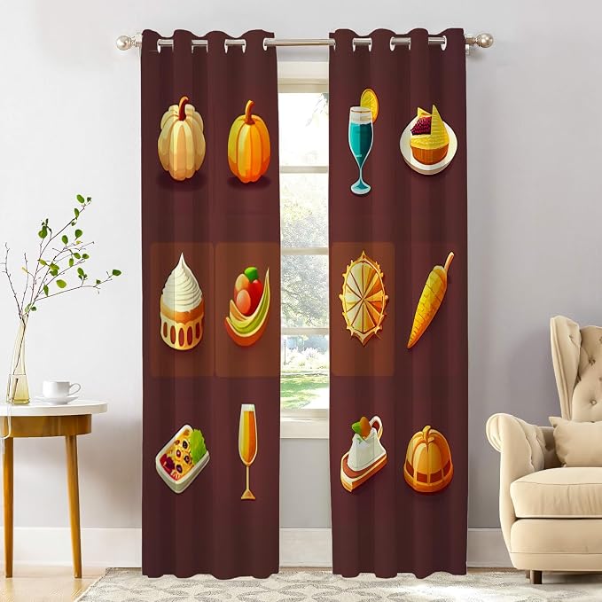 Shrahala Happy Thanksgiving Day Thermal Insulated Blackout Window Curtains, Pumpkin Turkey Bird Leaves Long Drapes for Bedroom/Living Room with Plastic Grommet, 52X84 Set of 2