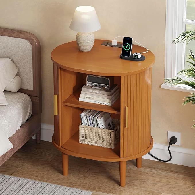 DHH Mid Century Modern Nightstand with Charging Station, Fluted Accent Side Table with Sliding Door & Adjustable Shelf, End Table for Small Space, Living Room, Bedroom,Sofa Couch(1, Yellow)