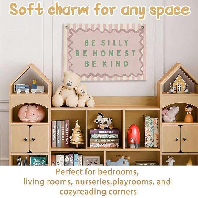 RTXLEZM Girls Room Decor, Be Silly Be Honest Kind Canvas Banner | Retro Pink Striped Inspirational Wall Art Prints for Kids Toddler Nursery Room Bedroom Playroom Decor, 20x30 Inch
