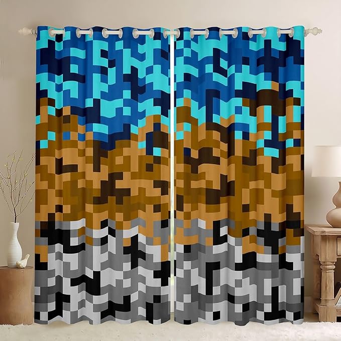 Pixelated Miners Gaming Window Curtain,Blue Brown Grey Grid Blackout Window Treatment ,Kids Teens Adult Construct Video Games Bedroom Curtains Geometric Block Living Room Decor Top 2 Panels,38Wx45L