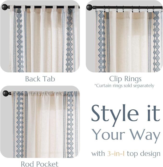 jinchan Boho Curtains Linen Blend Beige Farmhouse Curtains 84 Inches Long for Living Room Blue Square Embroidered Bordered Back Tab Bedroom Window Light Filtering Bohemian Drapes 2 Panels
