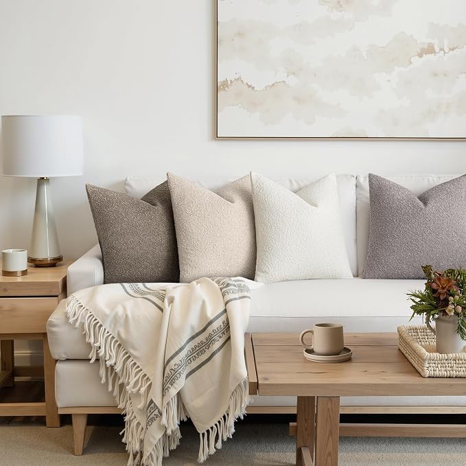 MIULEE Pack of 4 Decorative Textured Boucle Throw Pillow Covers | 18x18 Inch Neutral Accent Pillow Cases Soft Couch Cushion Covers for Modern Farmhouse Boho Sofa Bed Livingroom Home Decor