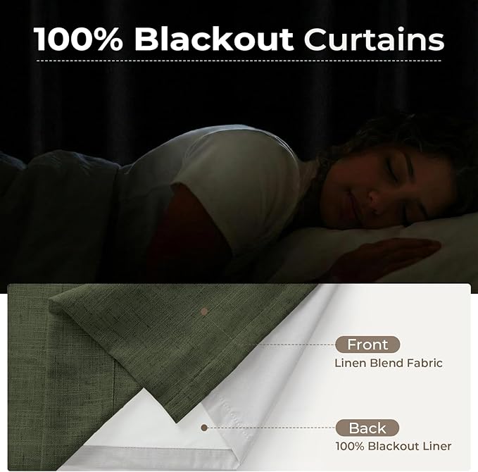 CAPALOCA Pinch Pleated Blackout Curtains 108 Inches Long, Linen Blend, 100% Blackout Drapes with 20 Hooks, Ideal for Bedroom and Living Room, 40" W x 108" L (Pack of 2), Loden Green