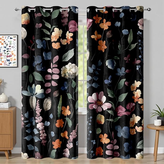 Boho Vintage Floral Blackout Curtains, Black Retro Watercolour Colorful Plant Leaf Flower Design Window Drapes, Living Room Bedroom Decor 2 Panels 52x84 Inch