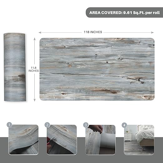 Wood Grain Peel and Stick Floor Tiles – 11.8” Width, Full Roll Length of 118" – Versatile Design for Any Space, Sunwashed Blue Self Adhesive Vinyl Flooring, Waterproof and Non-Slip Features