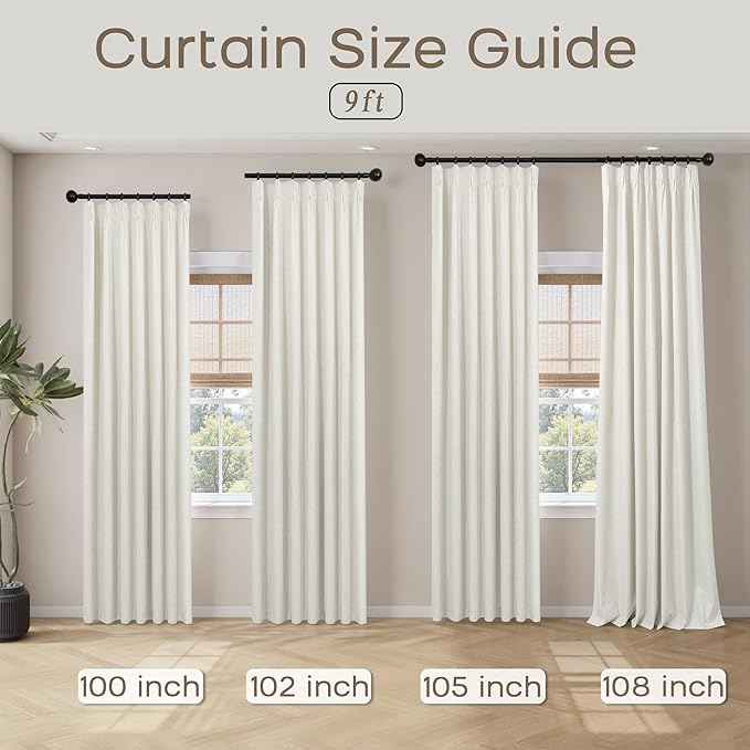 Mrs.Naturall 105 Inch Linen Pinch Pleated Blackout Curtains, Thermal Insulated & Noise Reducing Drapes for Bedroom Living Room, 42" W x 105" L, 2 Panels Set, Cream Natural, 104 Inch Long Curtains