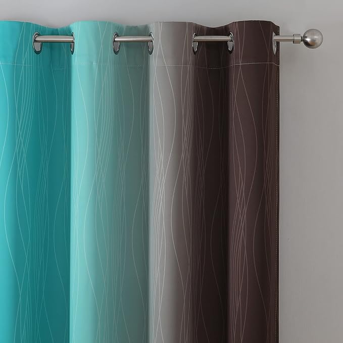 Estelar Textiler Ombre Blackout Curtains 102 Inches Long 2 Panels Set, Brown and Teal Thermal Insulated Drapes for Bedroom, Full Room Darkening Grommet Curtains for Living Room, 52Wx102L