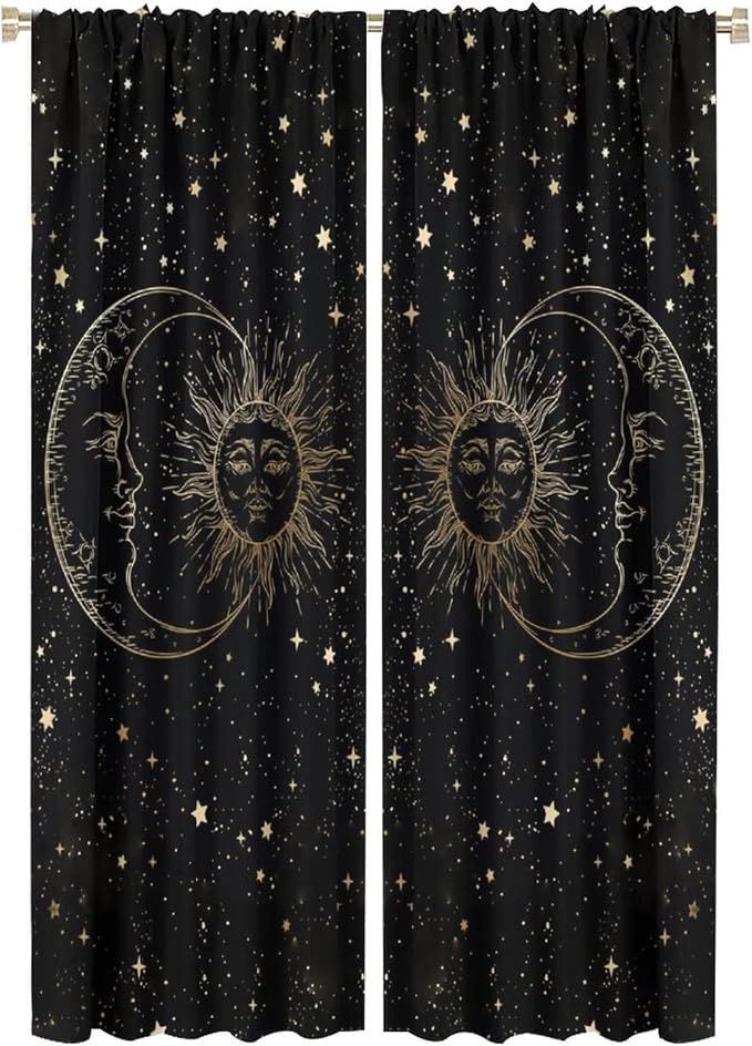 Sun Moon Blackout Windows Curtains, Golden Sun Moon and Stars Black Sky on Bohemian Style Curtains, for Living Room Bedroom 52x84in 2 Panels