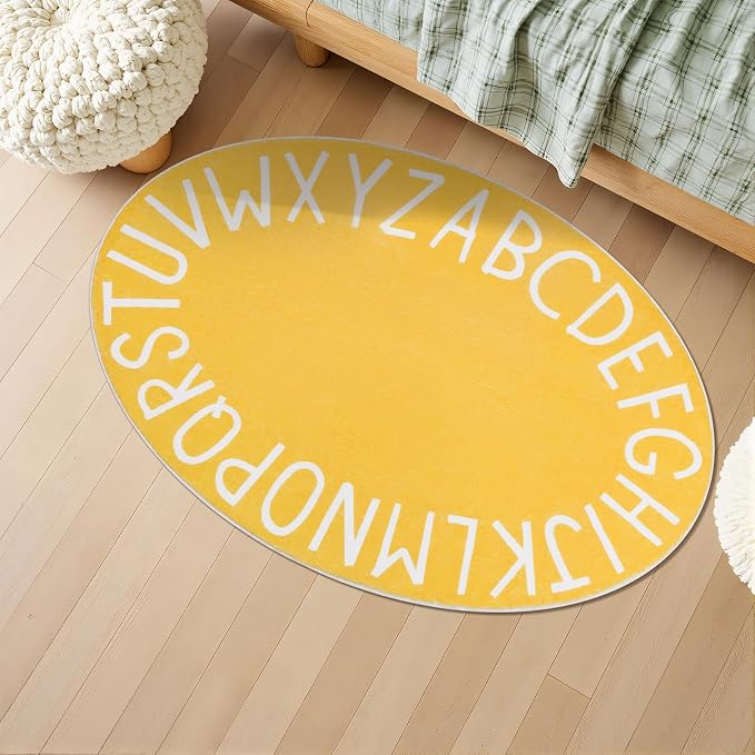 Topotdor Oval Kids Play Rug Alphabet Nursery Area Rug Extra Large Soft Crawling Play Mat for Children Toddlers Bedroom (47x70 inch, Yellow)