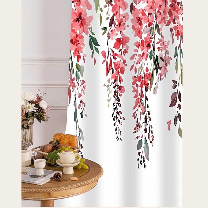 Red Watercolor Floral Curtains, Botanical Leaves Vine Flowers Curtain, Rustic Farmhouse Flower Leaf Blackout Window Treatment Drapes for Bedroom Living Room 42x96 inch, 2 Panels