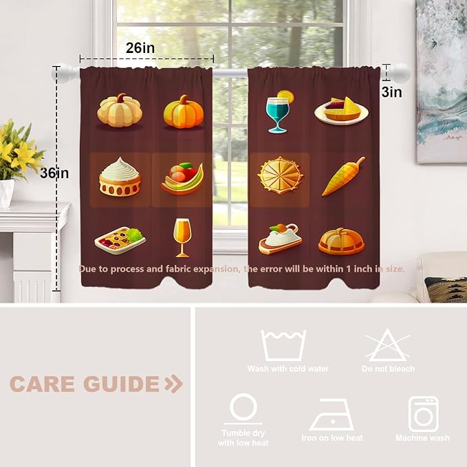 Shrahala Happy Thanksgiving Day Blackout Curtain Tiers, Pumpkin Turkey Bird Leaves Kitchen Valance Light Blocking Tier Drapes with Rod Pocket, 2 Pack 26 X 36 in