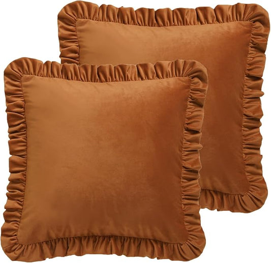 ISAENNE Vintage Orange Square Throw Pillow Covers 22"x22" Set of 2, Solid Color Farmhouse Velvet Decoration Pillow Cover with Ruffles,Throw Pillow Case for Couch Sofa Bed Living Room Car