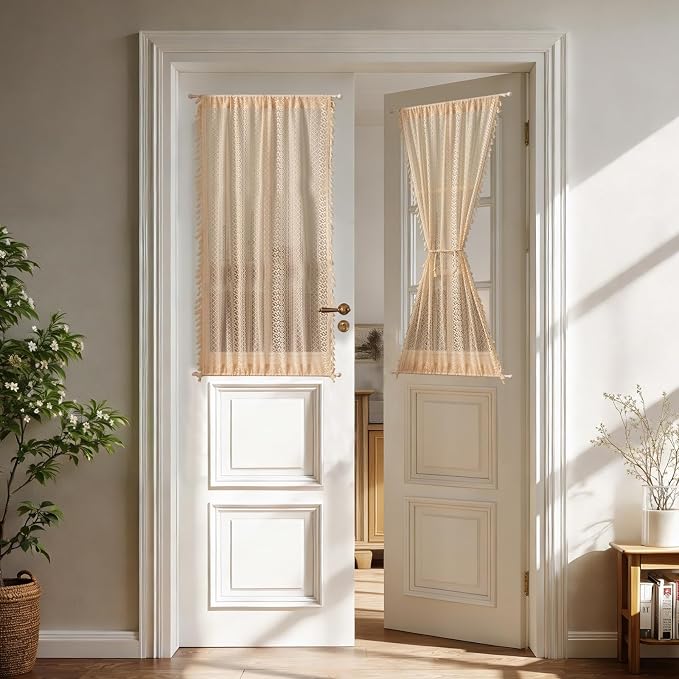 Sutuo Home Beige Door Curtains for Doorway Glass & Sidelights, Vintage Chic Privacy Print Drapes French Country Handmade Tassels Xmas Boho Curtains for Front Door, Rod Pocket 2 Panels 25" W x 40" L