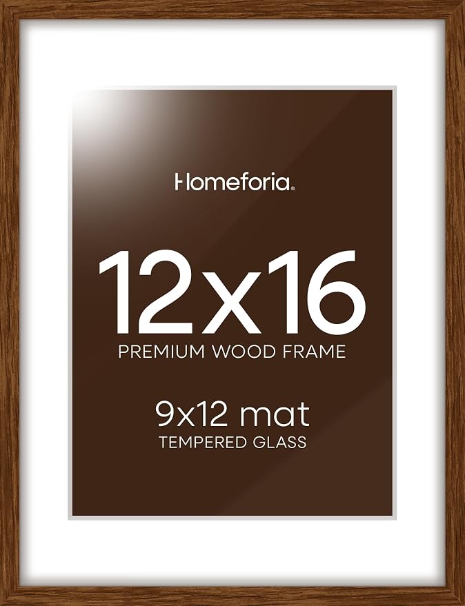 Homeforia 12x16 Picture Frame Brown, High End Dark Oak 12x16 Walnut Wood Poster Frame with Mat 9x12 Print, 12 x 16 Wooden Frame Matted to 9 x 12 Photo, 16x12 Frames, Tempered Glass, Wall Kit, Set of 2