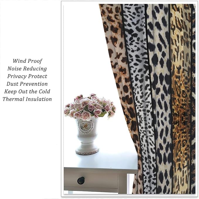Leopard Print Blackout Curtains, Rustic Wild Animal Skin Farmhouse Fur Leopard Print Rod Pocket Curtain Window Treatments 2 Panels Drapes for Kitchen Bedroom Living Room Office Deocr 55"W X 63"L