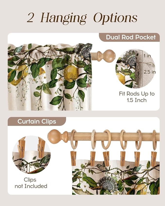 Miss Adola Farmhouse Kitchen Tier Curtains - 18 Inch Length Linen Blend Vintage Cafe Curtains Lemon Bird Small Window Treatments Over Sink Rod Pocket for Bathroom Living Room Light Filtering, 2 Panels