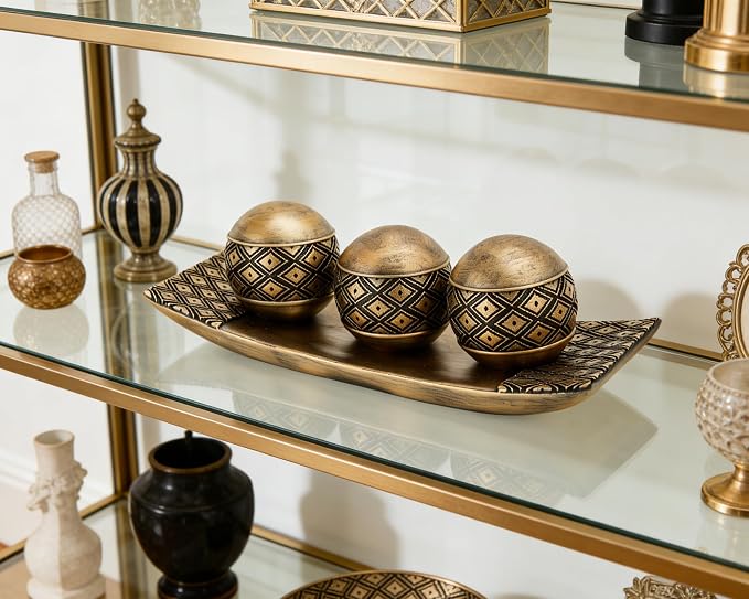 Vintage Decorative Orbs with Tray Set, 3Pcs Resin Decorative Balls with Tray, Modern Accent Sphere for Coffee Table, Dining Table, Living Room, Entryway