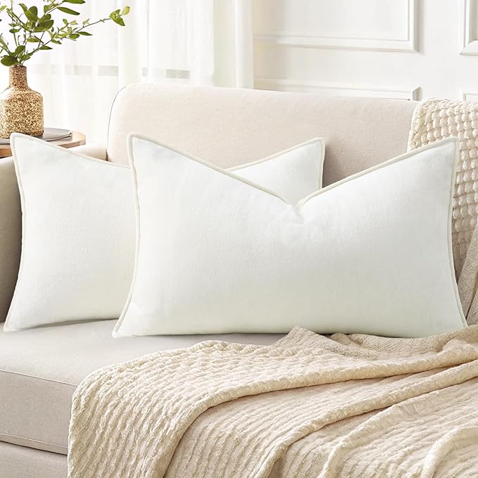 decorUhome Fall Couch Throw Pillow Covers 12x20 Set of 2, Decorative Soft Velvet Modern Cozy Chenille Lumbar Pillow Cases with Elegant Design for Sofa Bed Living Room Home Decor, Cream White