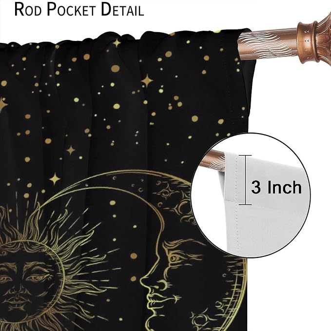 Sun and Moon Blackout Windows Curtains, Golden Planet Star Mysterious Galaxy Curtains Space Curtains, for Living Room Bedroom 72x63in 2 Panels