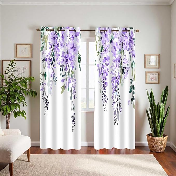 Purple Watercolor Floral Curtains, Botanical Leaves Vine Flowers Curtain, Rustic Farmhouse Flower Leaf Blackout Window Treatment Drapes for Bedroom Living Room 52x96 inch, 2 Panels