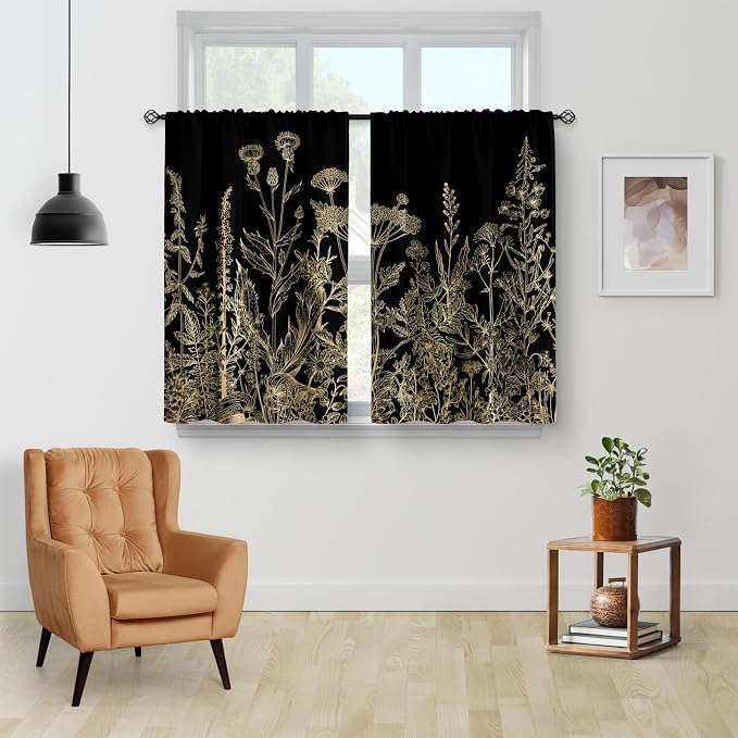 Aimego Flower Leaves Kitchen Curtains - Golden Floral Spring Rustic Plant Botanical Cafe Farmhouse Small Short Curtains for Bathroom RV Rod Pocket Window Drapes 24 Inch Length 2 Panels Set