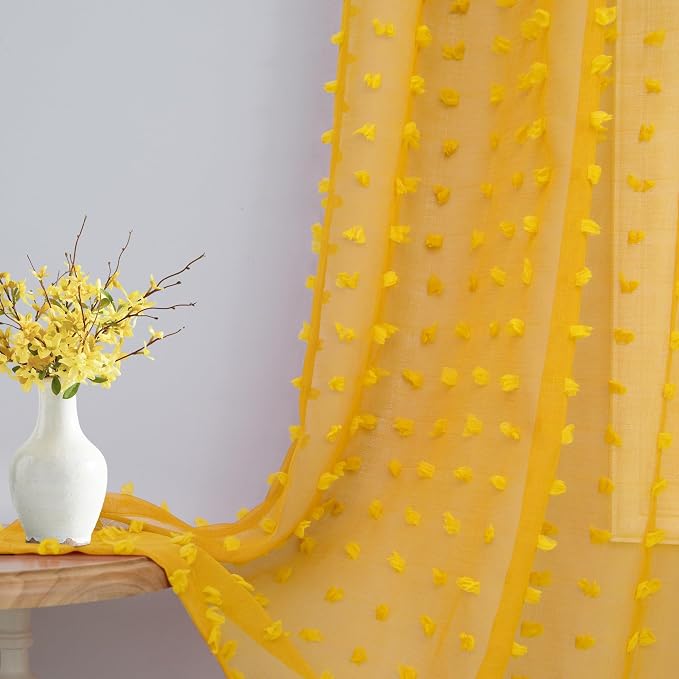 Mustard Yellow Pom Pom Curtains 96 Inches Long for Living Room Bedroom Mid Century Modern Decor Semi Sheer Bohemian Farmhouse Curtains for Dining Room Kids Playroom Back Tab Gold Yellow 96 Inch Length