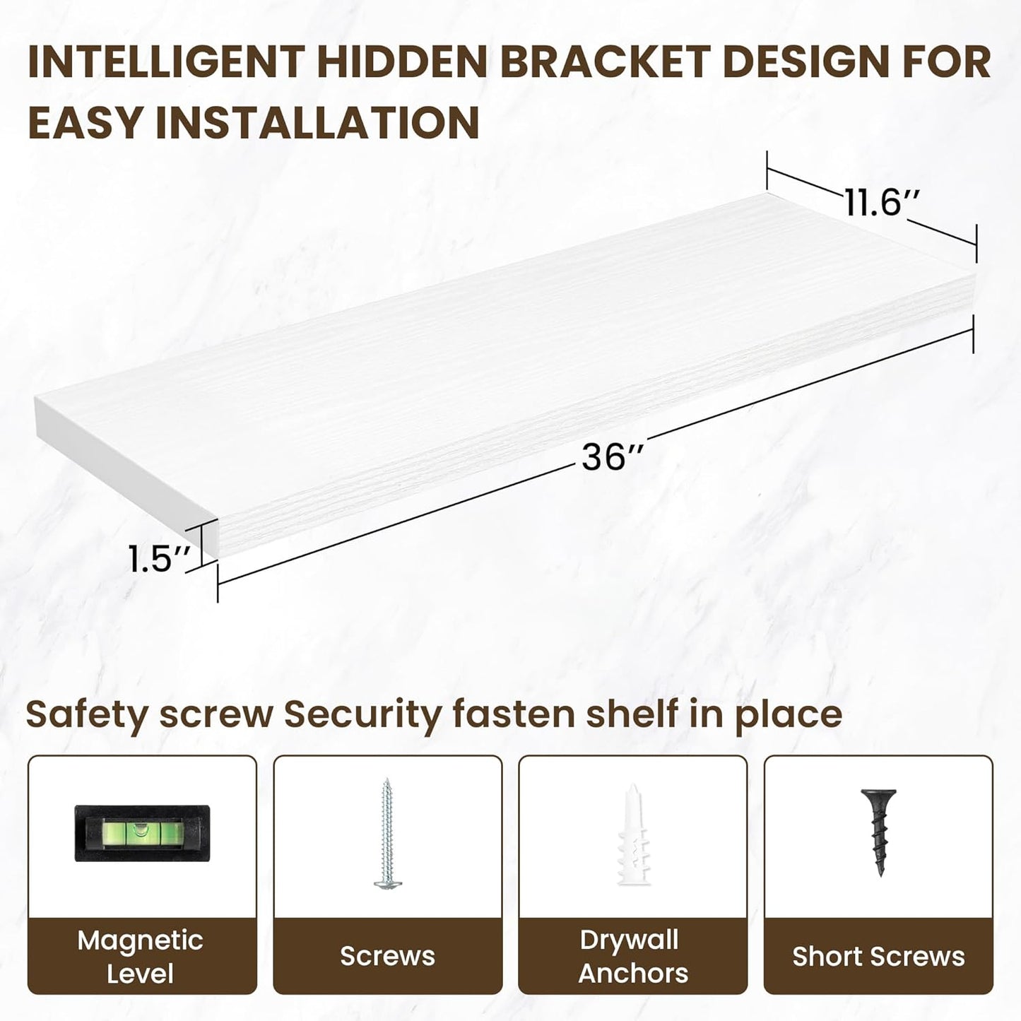36 Inch Floating Shelves, 11.6 Inch Deep Floating Shelves for Wall, Floating Shelf with Invisible Brackets, Deep Shelves for Bathroom, Bedroom, Living Room, 2 Pack, White