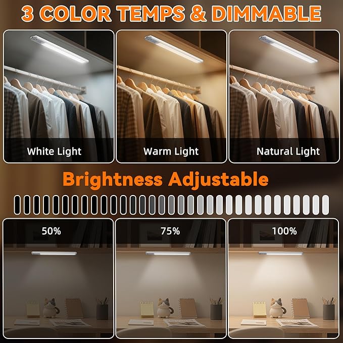Under Cabinet Lighting Wireless, Rechargeable 10inch Motion Sensor Light Indoor, 3 Color Closet Light Battery Operated with LED Power Display, Magnetic Under Counter Lights for Kitchen, Home (3Pack)