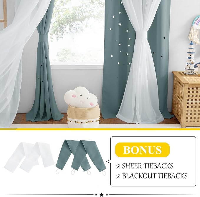 NICETOWN Nursery Curtains for Boys Bedroom Kids Baby Room Decor Cute Double Layer Star Cutout Curtains Room Darkening Window Curtains for Nursery (Stormy Sea, 52W x 84L,2 Panels)