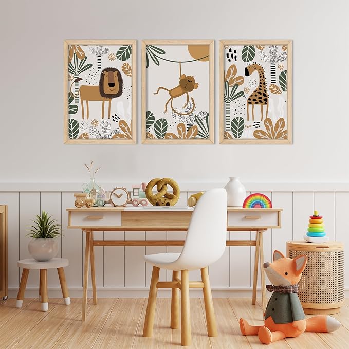 Safari Wall Decor Nursery Art Jungle 11x16 set of 3 Wood Frame for Kids | Animal Cartoon Lion Monkey Giraffe Prints, Baby/Toddler Room, Boho Jungle Theme