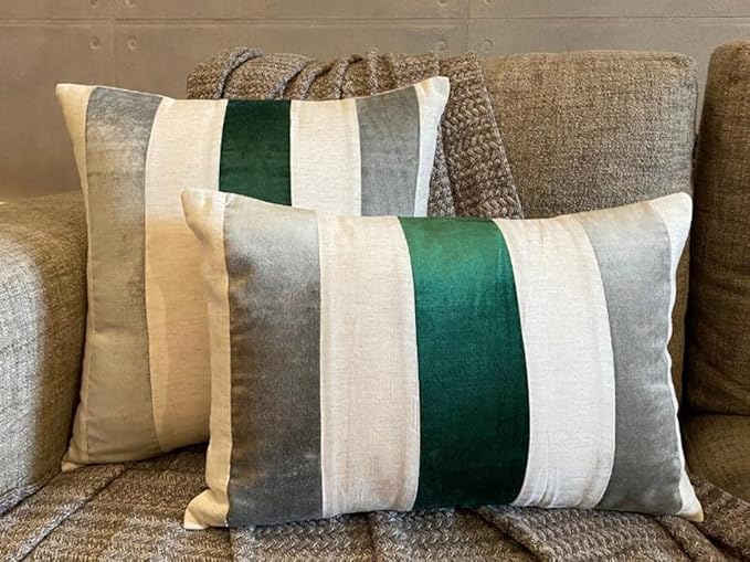 The HomeCentric Striped Decorative Throw Pillow Covers 24" x 24" | Modern Velvet Cushion Cover | Patchwork Emerald Green Pillowcases for Couch, Sofa, Bed, or Living Room - Velvet Band Emerald