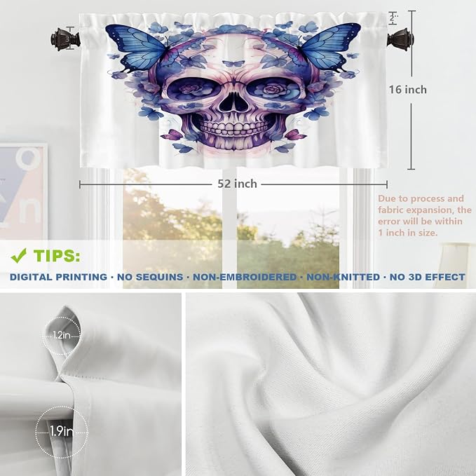 Shrahala Halloween Watercolor Skull Blackout Short Curtains for Windows, Purple Blue Gothic Butterflies Flowers Kitchen Valance Thermal Insulated Rod Pocket Window Treatment 2 Pack 52 X 16 in