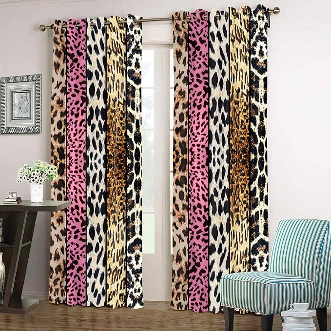Wild Animal Print Curtain, Room Darkening Thermal Insulated Blackout Leopard Boa Window Drapes with Grommets for Living, Dining, Bedroom, Pink Leopard Print, 42"x 84", 2 Panels