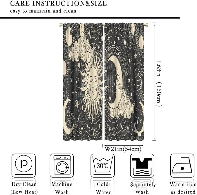 Bohemian Sun Moon Blackout Windows Curtains, Golden Sun Crescent Moon and Stars Vintage Cosmic Galaxy Printed Curtains, for Living Room Bedroom 42x63in 2 Panels