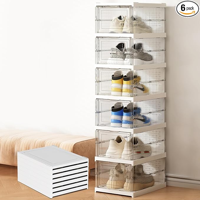 GUDEMAY Drop Front Shoe Storage Box, No Assembly Stackable Shoe Organizer Storage Bin with Door, Free Standing Shoe Shelf Cabinet with Lid, Plastic Shoe Rack for Closet Entryway