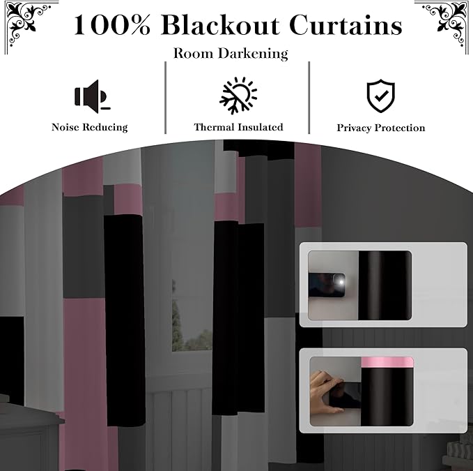 Tyrot Pink 100% Blackout Curtains for Bedroom 72 inch Length 2 Panels Set Grey Modern Abstract Geometric Black Out Curtains Thermal Insulated Room Darkening Window Drapes for Living Room, 42Wx72L