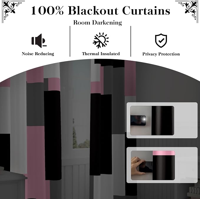 Tyrot Pink 100% Blackout Curtains for Bedroom 96 inch Length 2 Panels Set White Grey Modern Abstract Geometric Black Out Curtains Insulated Room Darkening Window Drapes for Girls Living Room, 52Wx96L